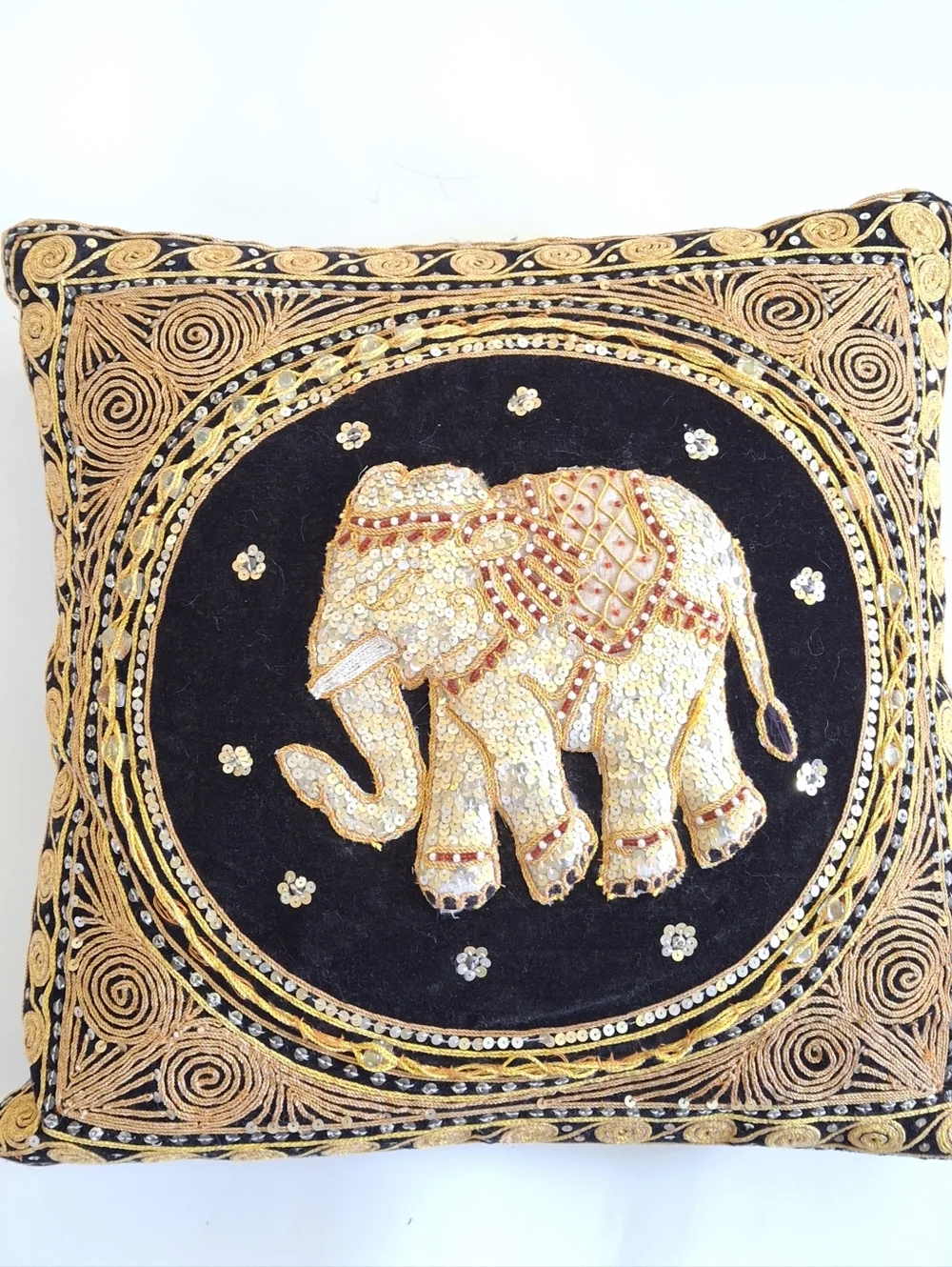 Vintage Boho Kalaga Burmese Elephant Embroidered Sequin Throw Accent Pillows x 2